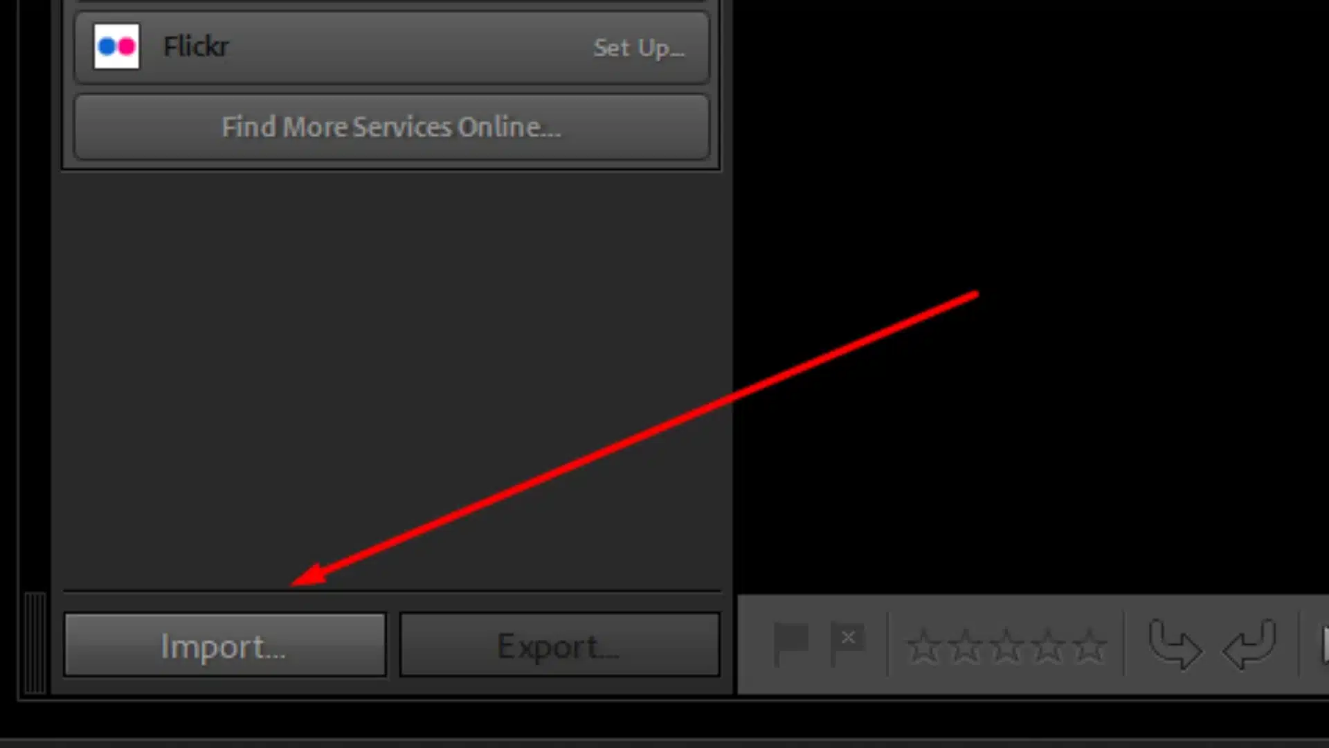 This interface showing the Import button at the bottom of the Library module with a red arrow pointing to it.