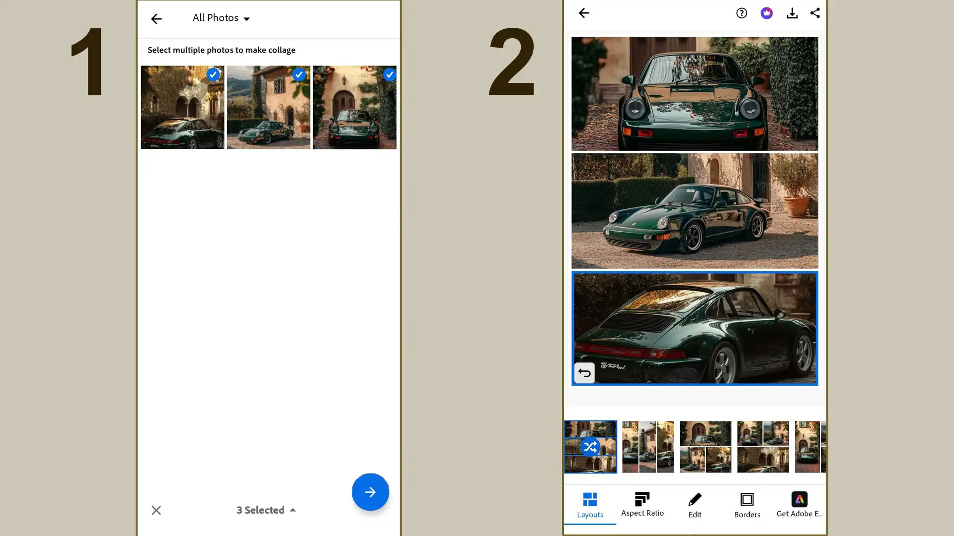 Creating a photo collage in Ps Express on smartphone device by selecting multiple images