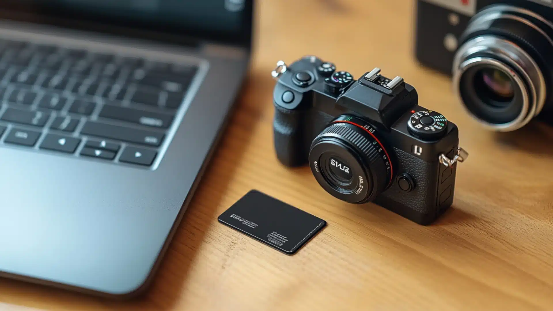 Camera and memory card placed beside a laptop, ready for file import.