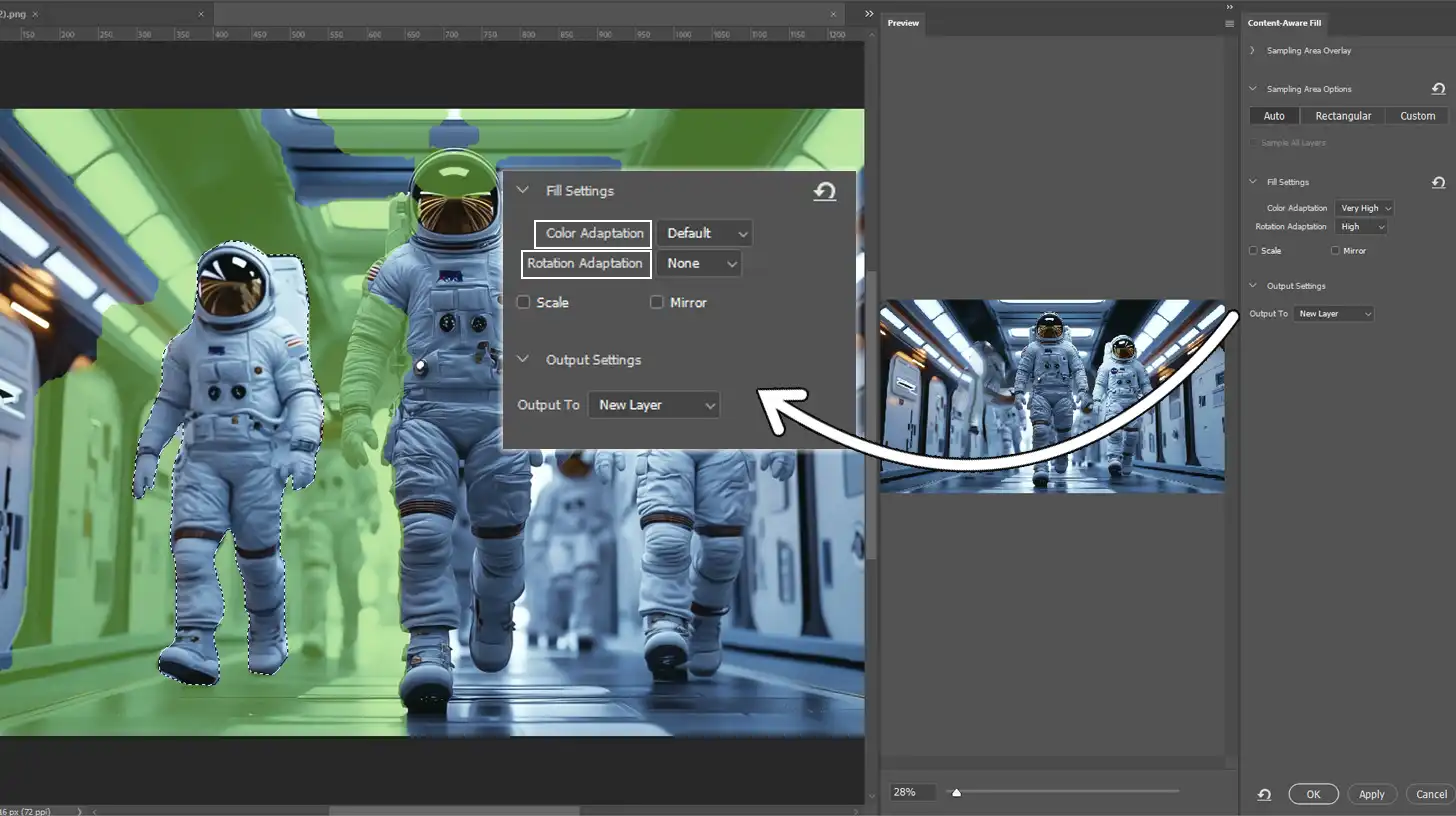 Content-Aware Fill panel in Ps with fill settings and sampling area options displayed