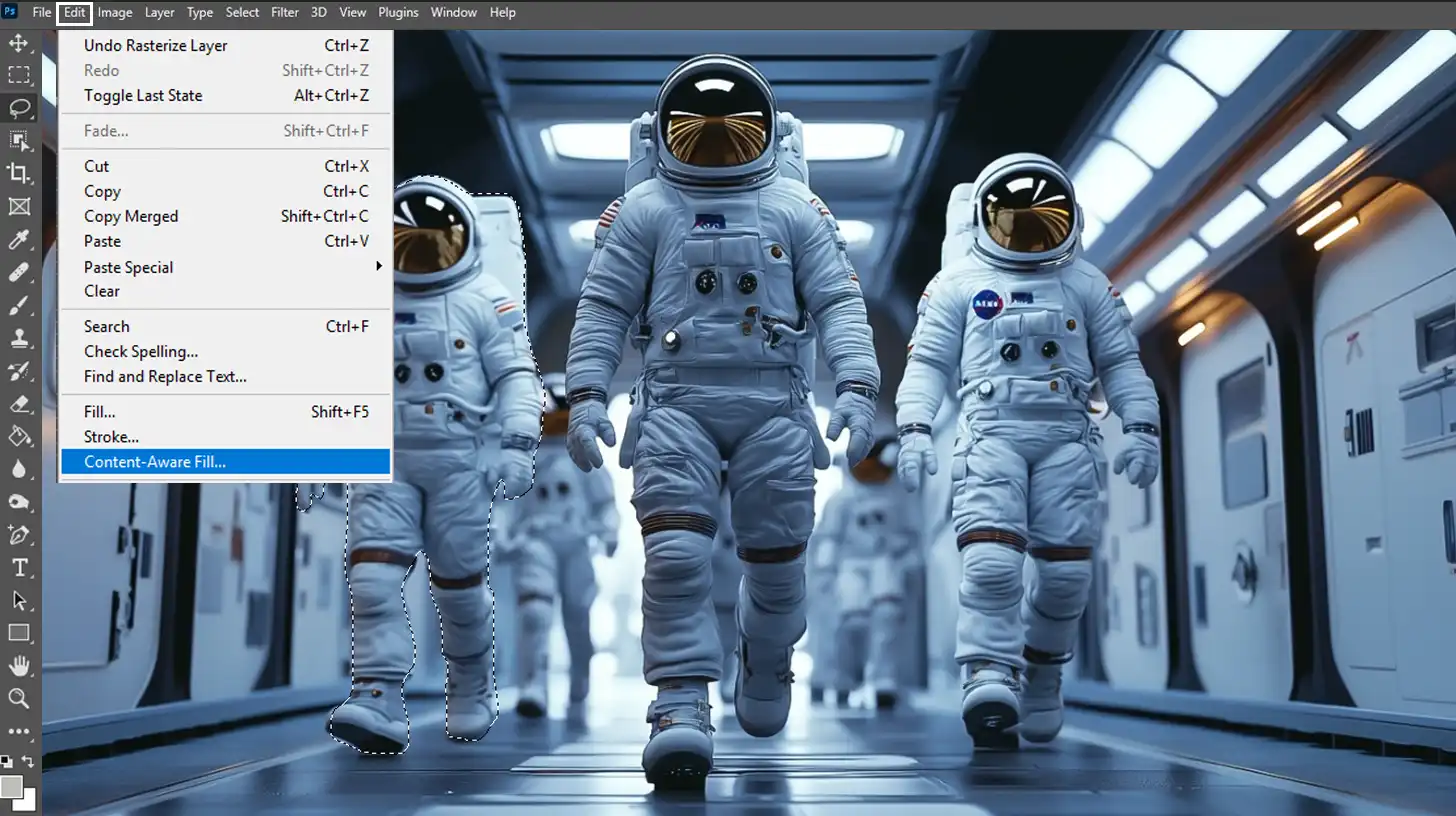 Content-Aware Fill option in Ps used to intelligently fill in missing areas of an image