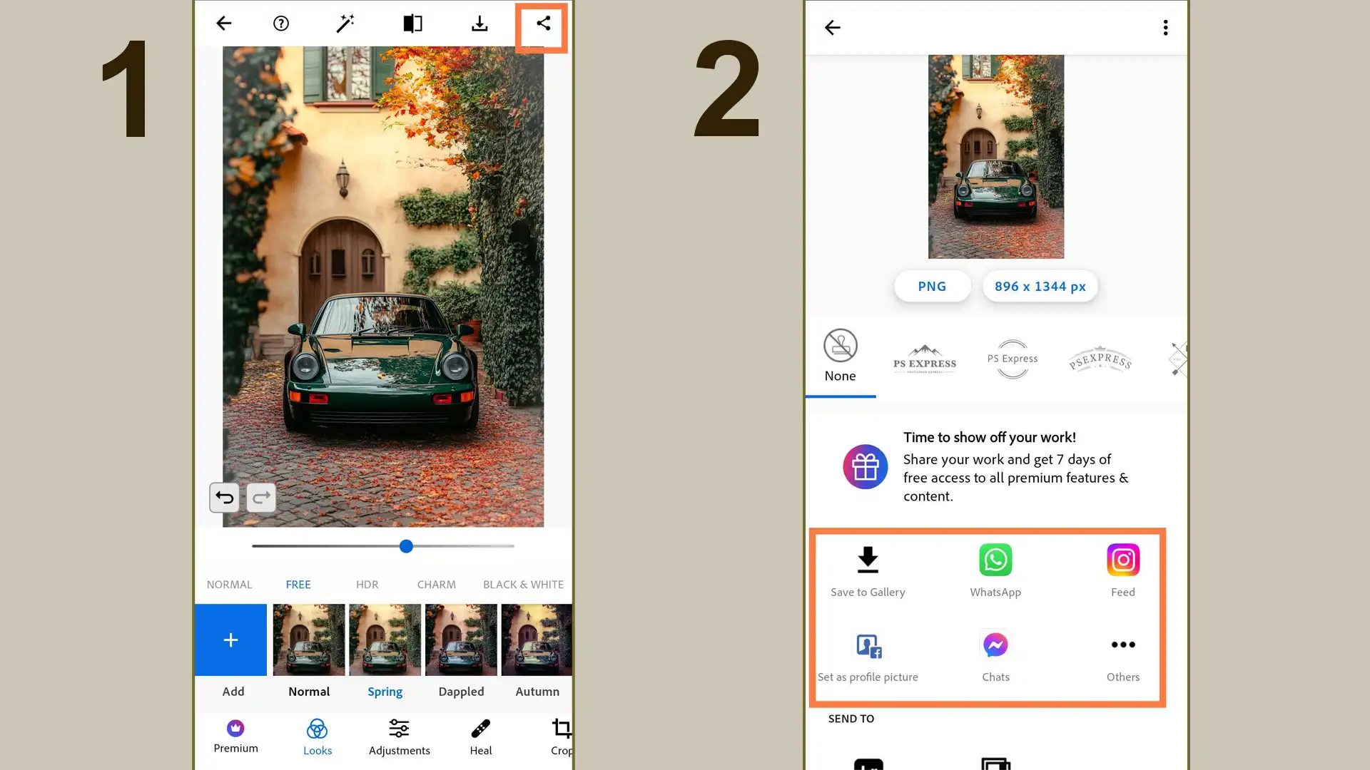 Photographer sharing a photo edited on smartphone device using Ps Express, showing the convenient sharing options in a studio setting