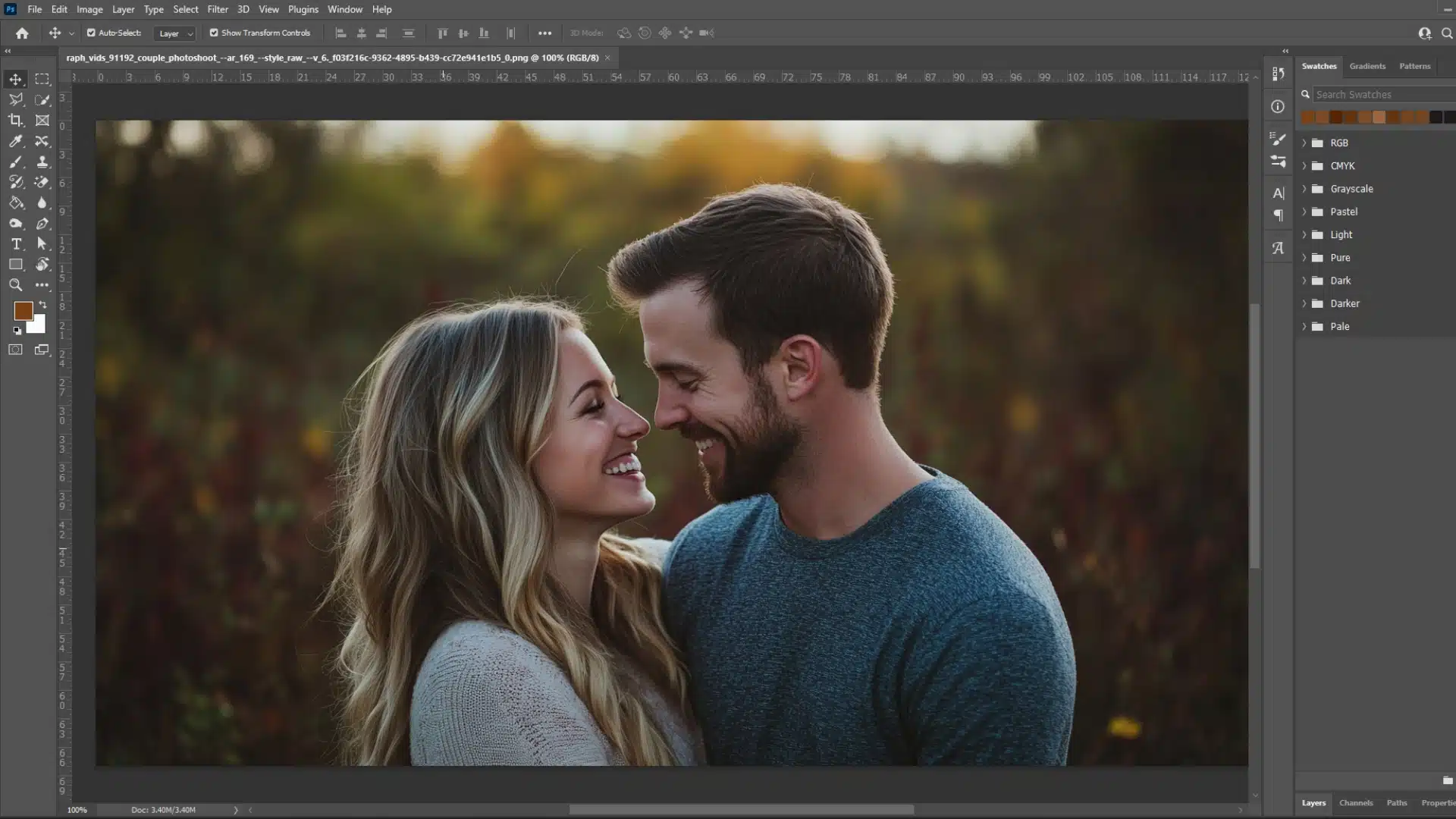 A smiling couple in an outdoor setting being edited in Photoshop with the workspace visible.