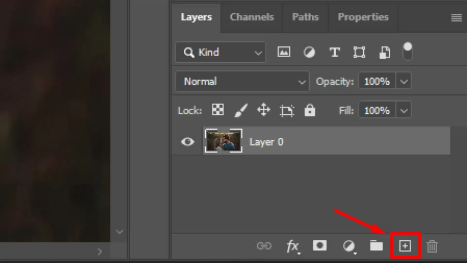 Screenshot of the Layers Panel in Photoshop showing how to create a layer by clicking the plus icon.