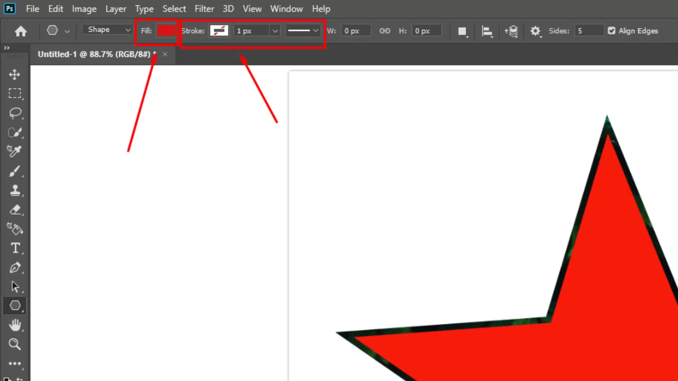 Photoshop interface showing the options for adjusting the fill and stroke colors of a star shape.