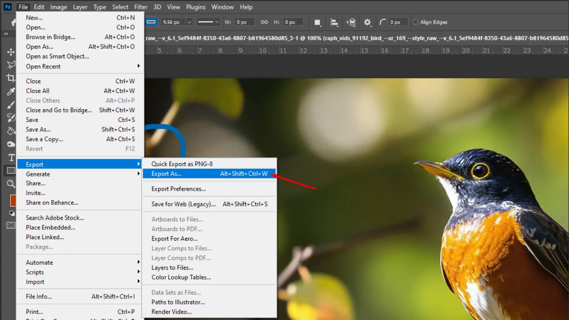 Exporting an image from Photoshop using the "Export As" option.