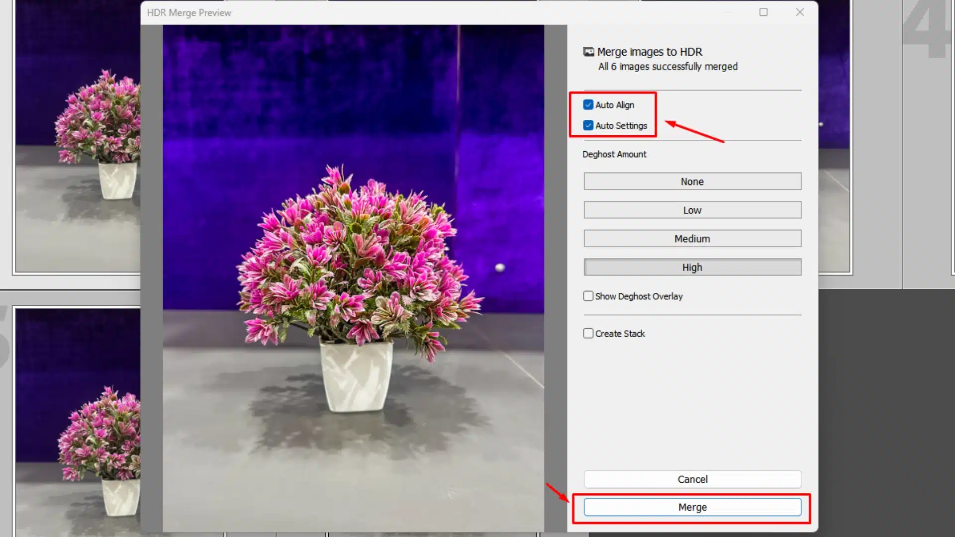 Lightroom HDR Merge window displaying Auto Align, Auto Settings options, and the Merge button for finalizing the HDR process.