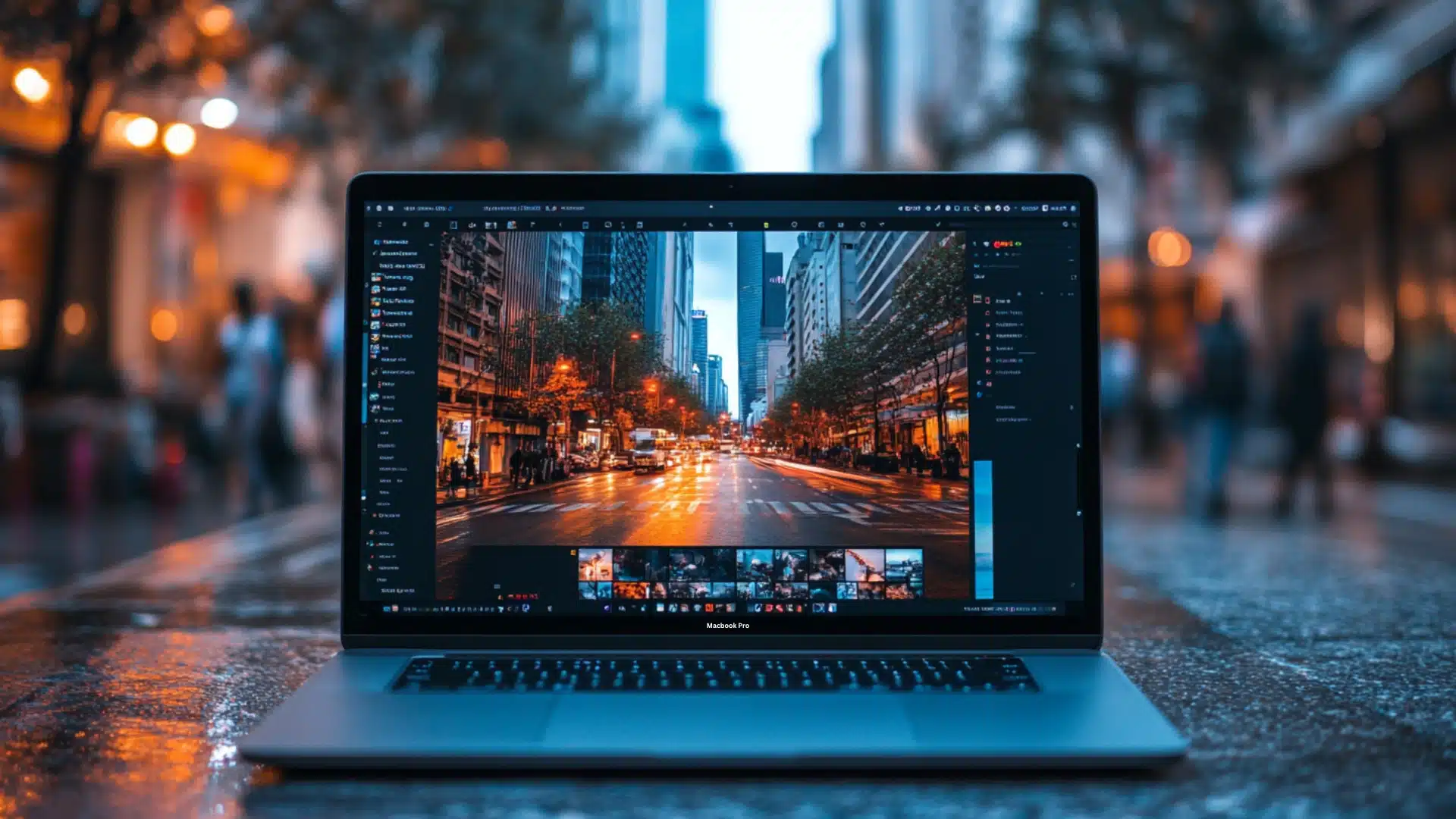 A MacBook Pro displaying an image of a city street, representing the process of patching and updating Lightroom on a Mac.