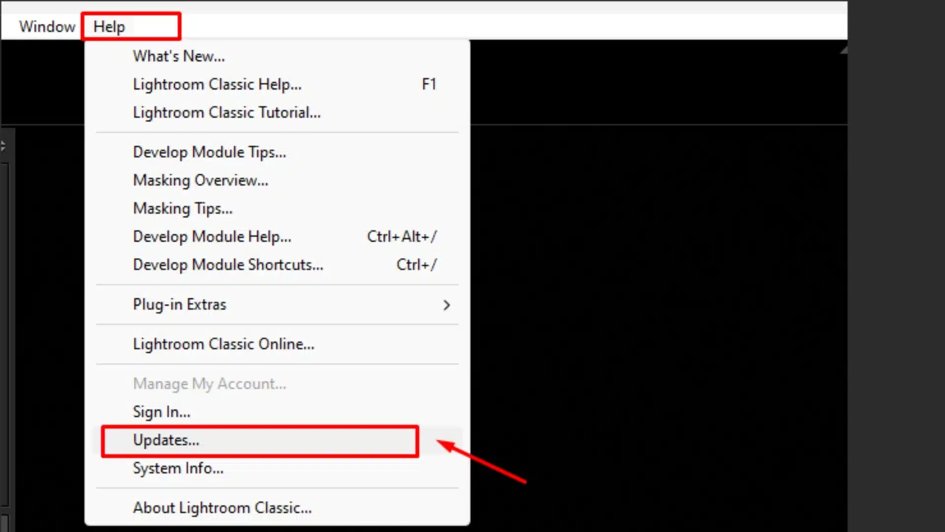 A screenshot of Adobe Lightroom's Help menu on Windows, showing the option to update the software by selecting "Updates."