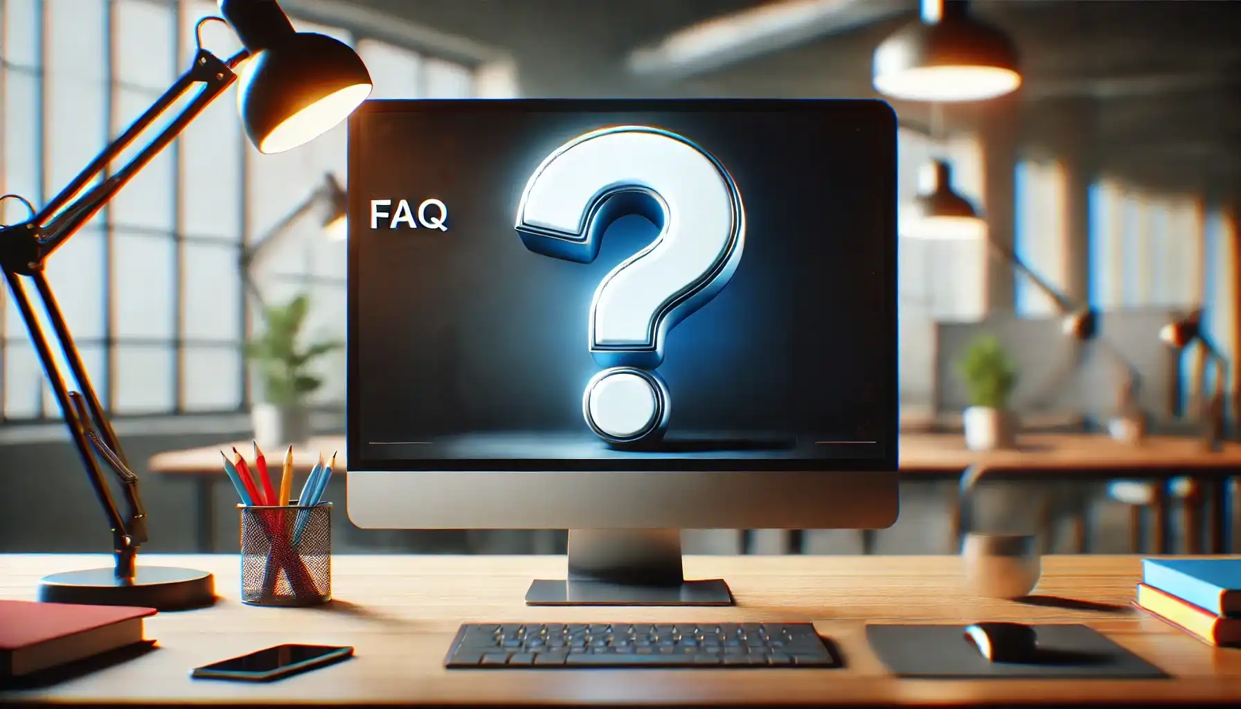 Digitize a photo in Ps displayed on a computer screen, with a question mark representing a frequently asked question (FAQ) image