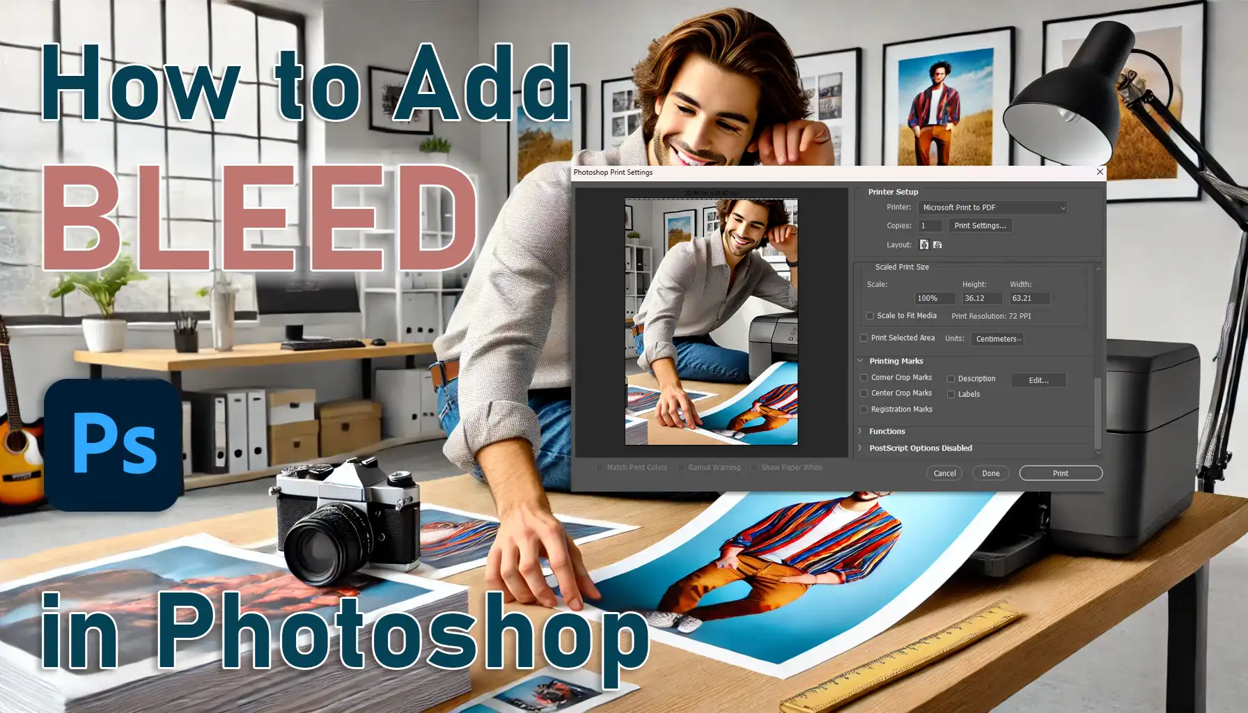 Setting up edge extension in Ps with a clear workspace featuring design tools and a print preview