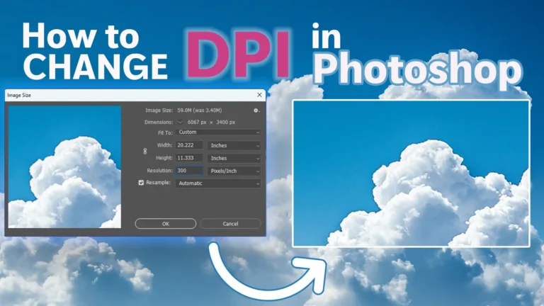 Modifying dots per inch resolution in Ps dialog box, showcasing how to adjust image resolution to 300 DPI for high-quality prints