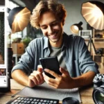 A photographer happily editing a photo on their smartphone device using Ps Express in a studio environment