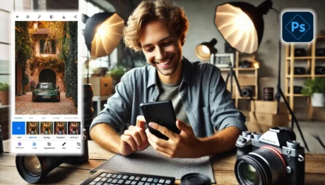 A photographer happily editing a photo on their smartphone device using Ps Express in a studio environment