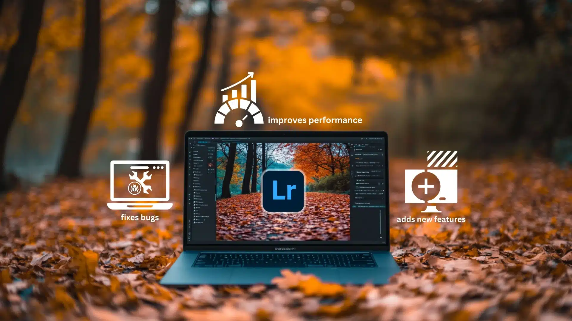 A laptop displaying Adobe Lightroom in an outdoor setting with icons showing the benefits of patching: fixes bugs, improves performance, and adds new features.