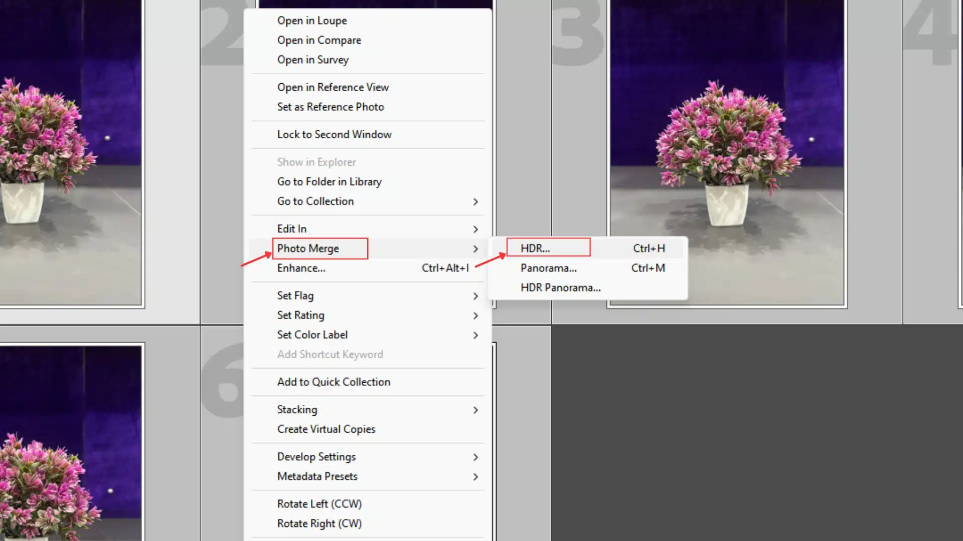 Lightroom interface showing the right-click menu to initiate an HDR photo merge using the Photo Merge, HDR option.