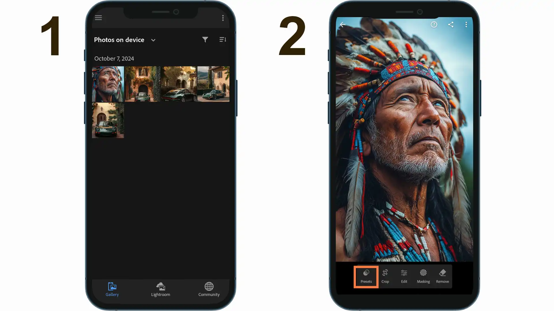 Navigating the Presets section in the Lightroom mobile app to install presets