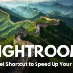 A scenic view of the Great Wall with the Lightroom logo and color label shortcuts to speed up photo workflow.