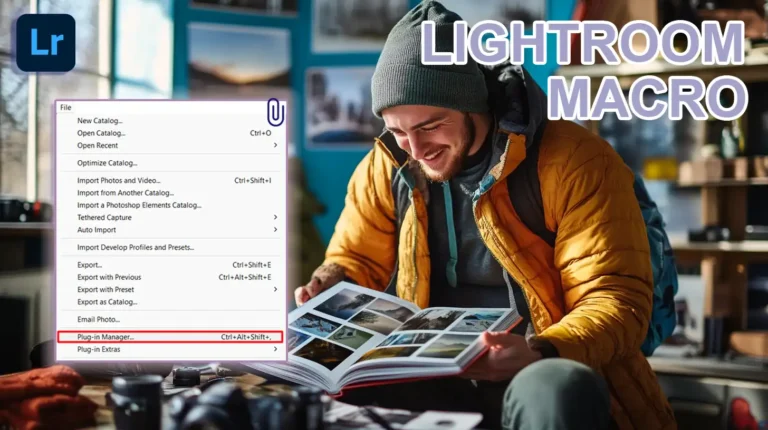 A photographer using Adobe Lightroom with a macro plugin to enhance photo editing efficiency