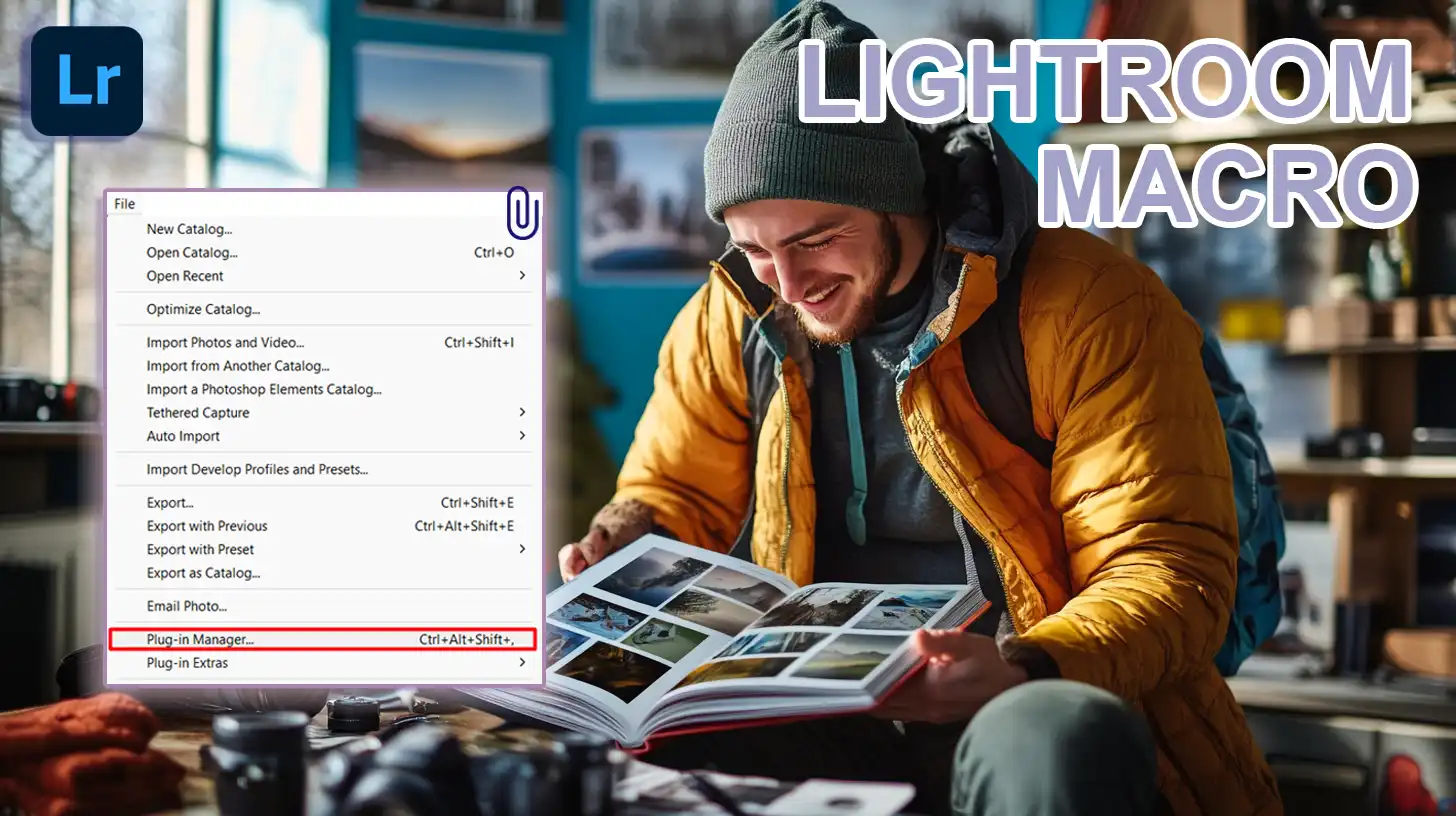 A photographer using Adobe Lightroom with a macro plugin to enhance photo editing efficiency