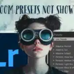 A woman with goggles, representing the confusion of Lightroom users facing the issue of presets not showing up, with a glimpse of the Lightroom presets panel in the background.