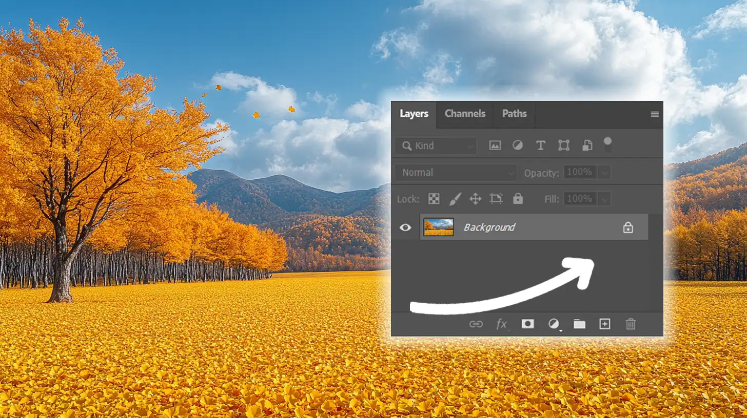 Ps interface showing a layer selected to be locked, with a vibrant autumn landscape in the background