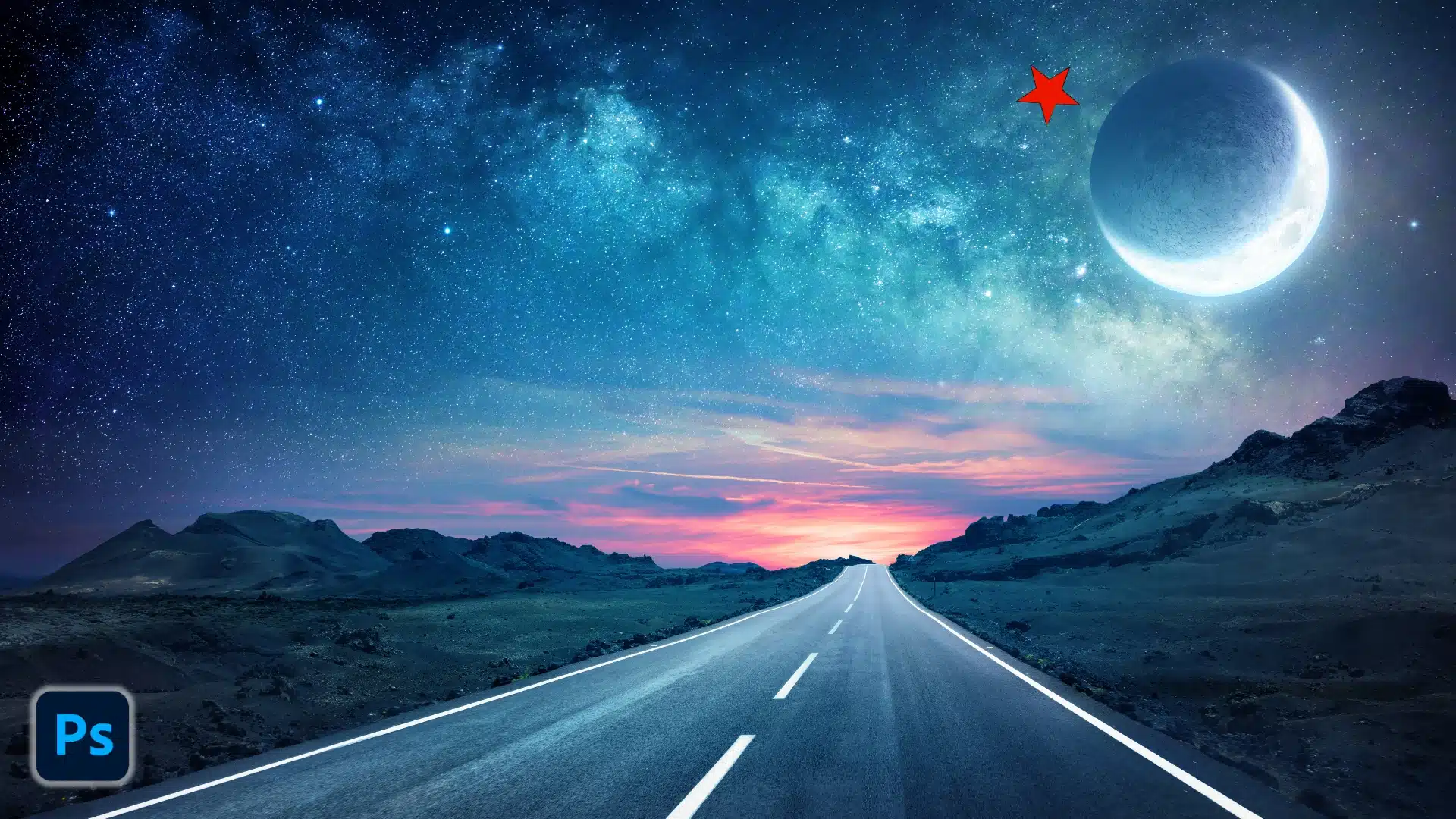 A beautiful starry sky with a Photoshop-designed star near the moon on a road background.