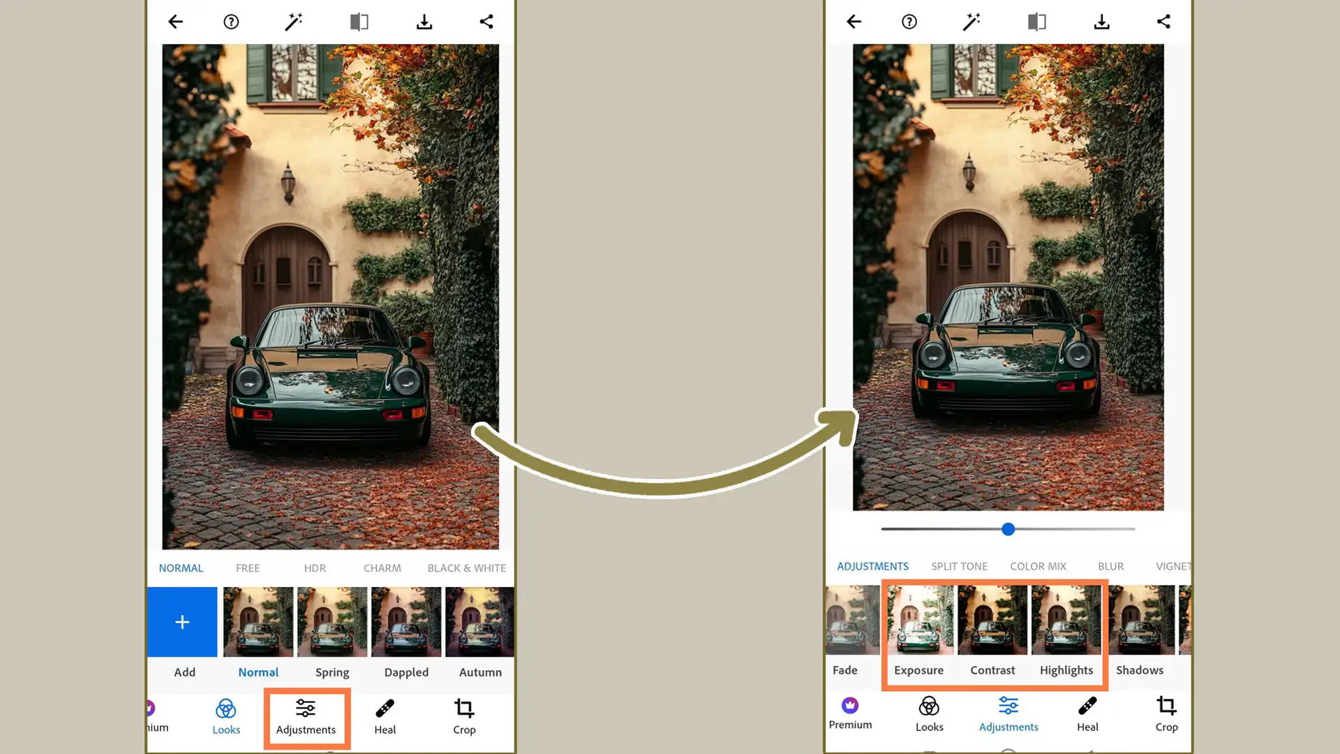 Ps Express adjustments on smartphone device displaying sliders for exposure, contrast, and highlights