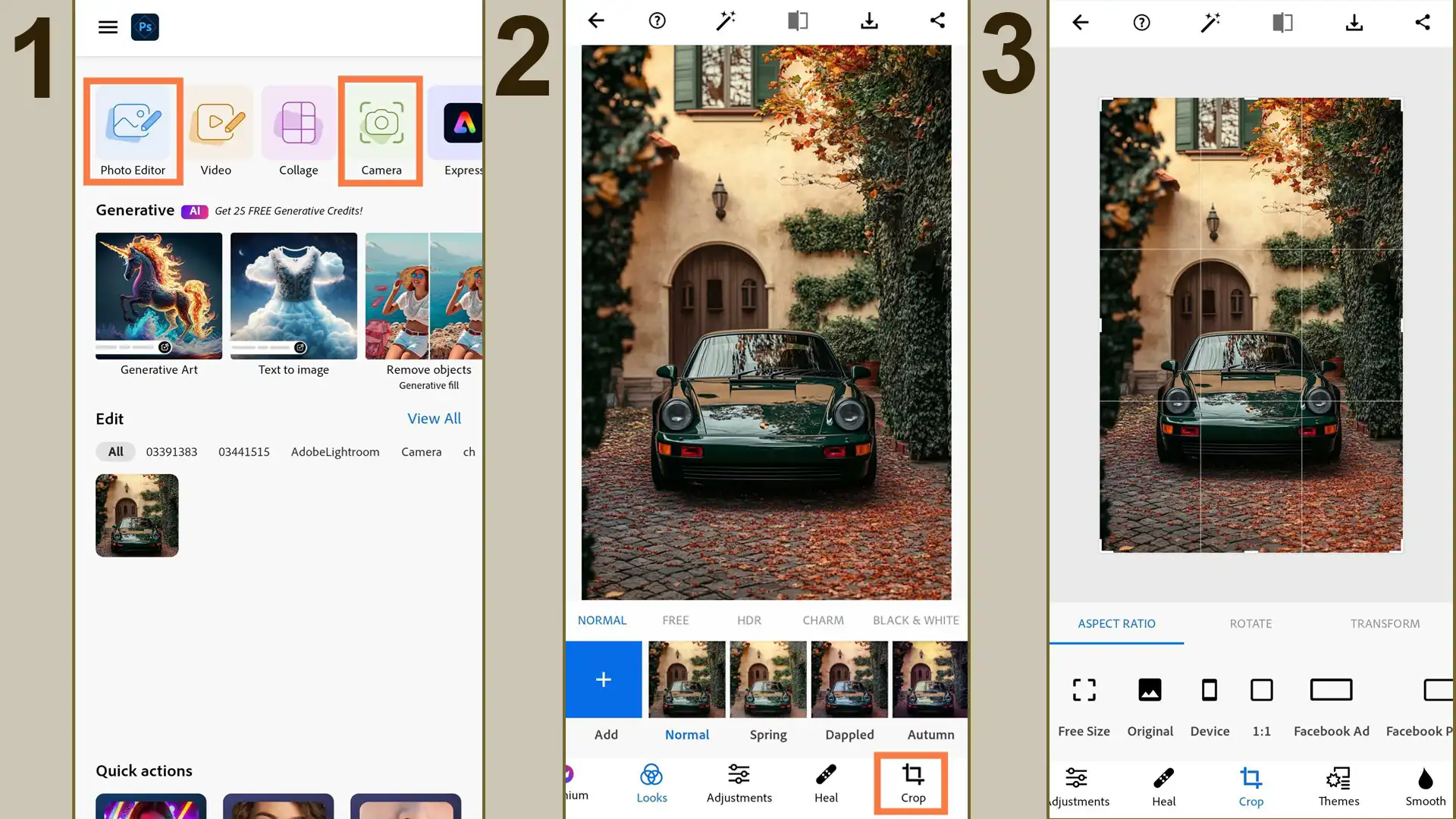 Photoshop Express crop tool on Android showing options to trim and adjust photo size