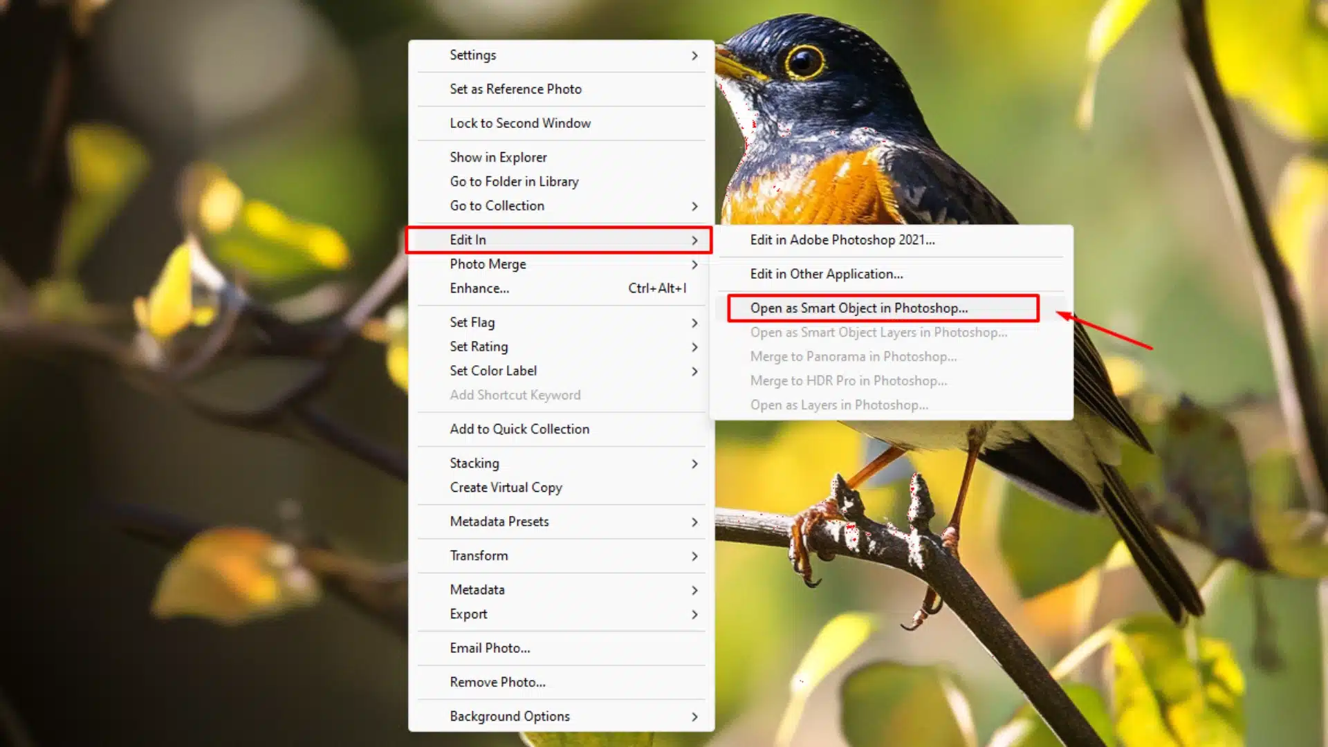 Right-click menu in Lightroom to open a photo as a Smart Object in Photoshop.