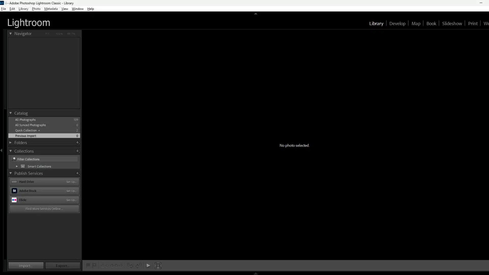 Lightroom interface with no photo selected, showing catalog and import options.