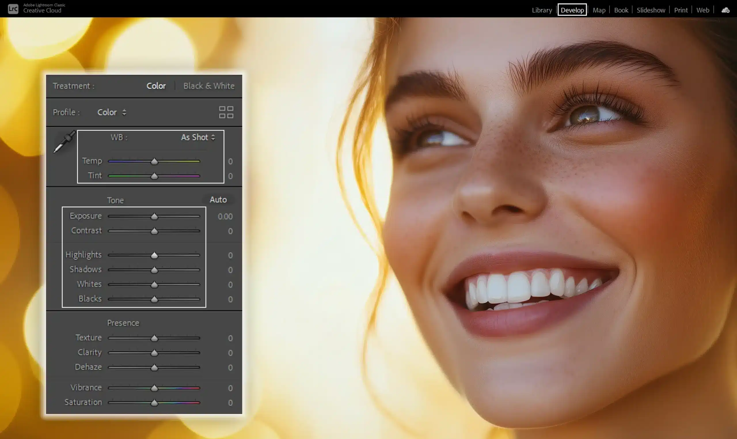 Adjusting photo settings in Lightroom before whitening teeth