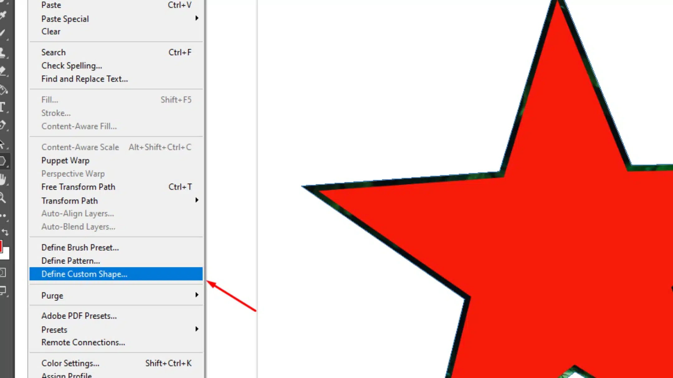 Photoshop interface showing the process of saving a star as a custom shape using the "Define Custom Shape" option.