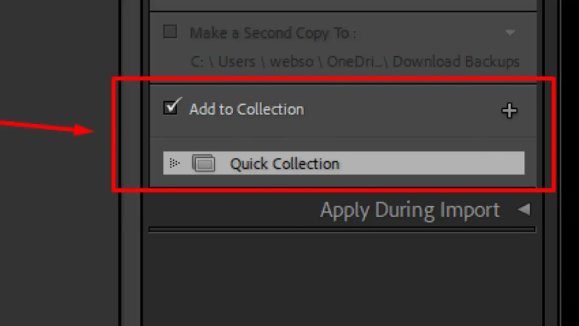 The interface showing the option to add files to a collection with a red box highlighting the destination settings.