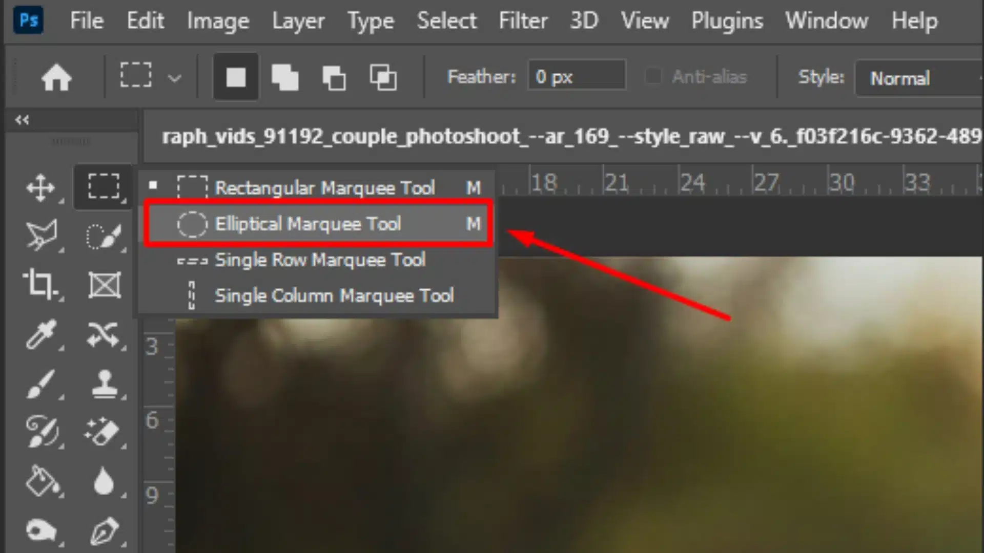 Screenshot of Photoshop showing how to select the Elliptical Marquee Tool from the Tools Panel.