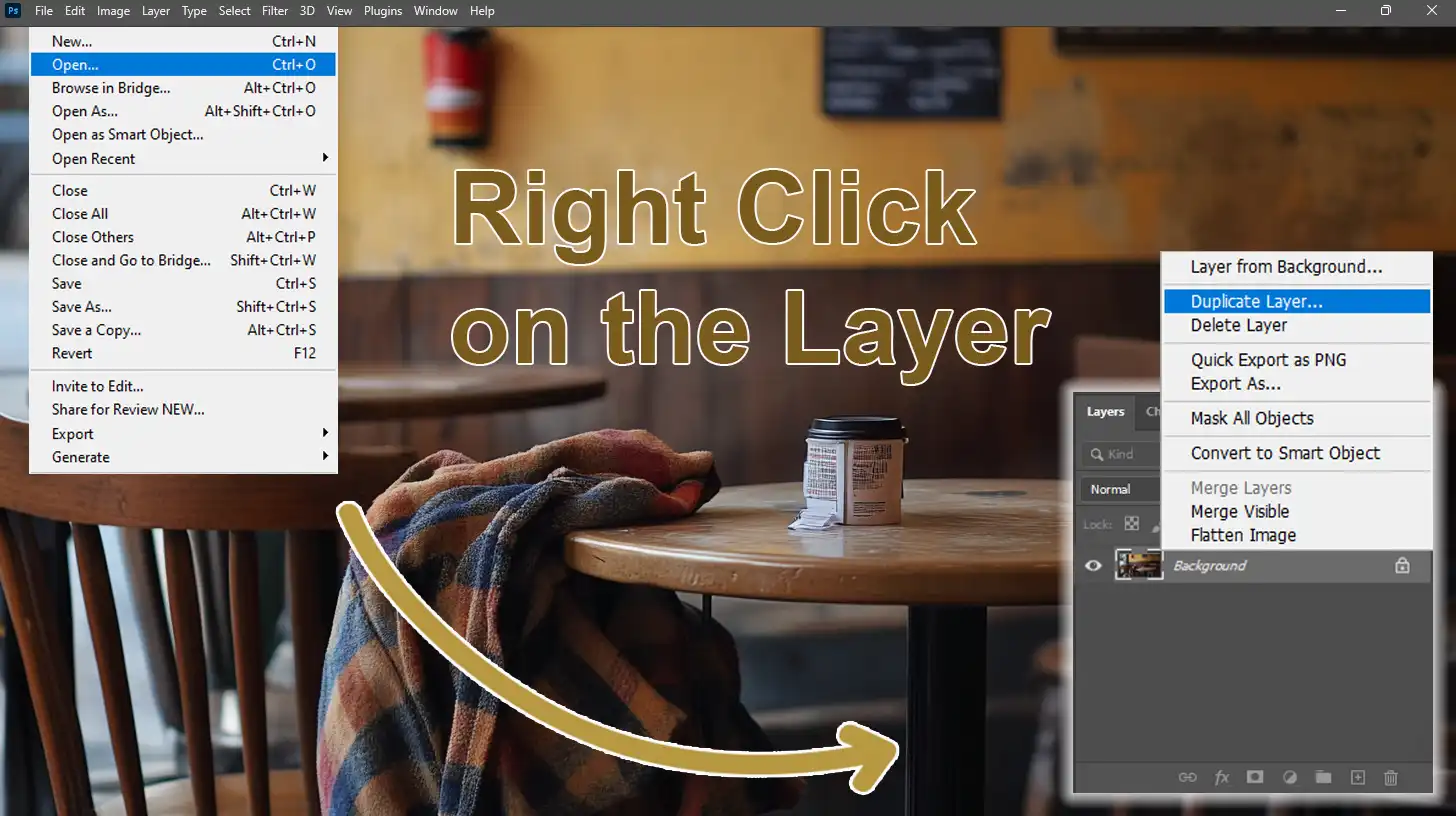 Photoshop workspace showing the layers panel and the option to duplicate layers for non-destructive editing