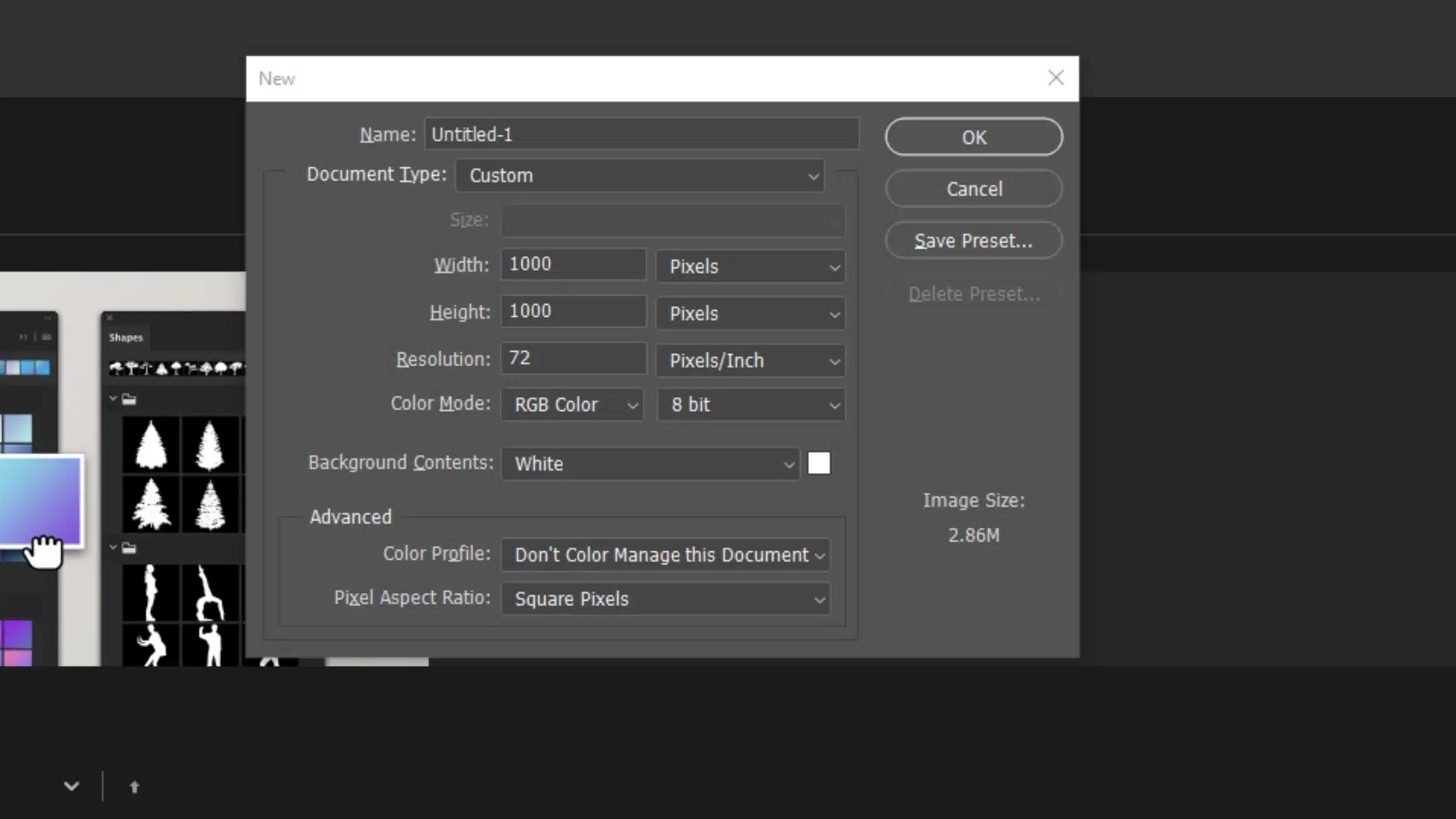 Photoshop interface showing the new document dialog box with custom canvas size options.