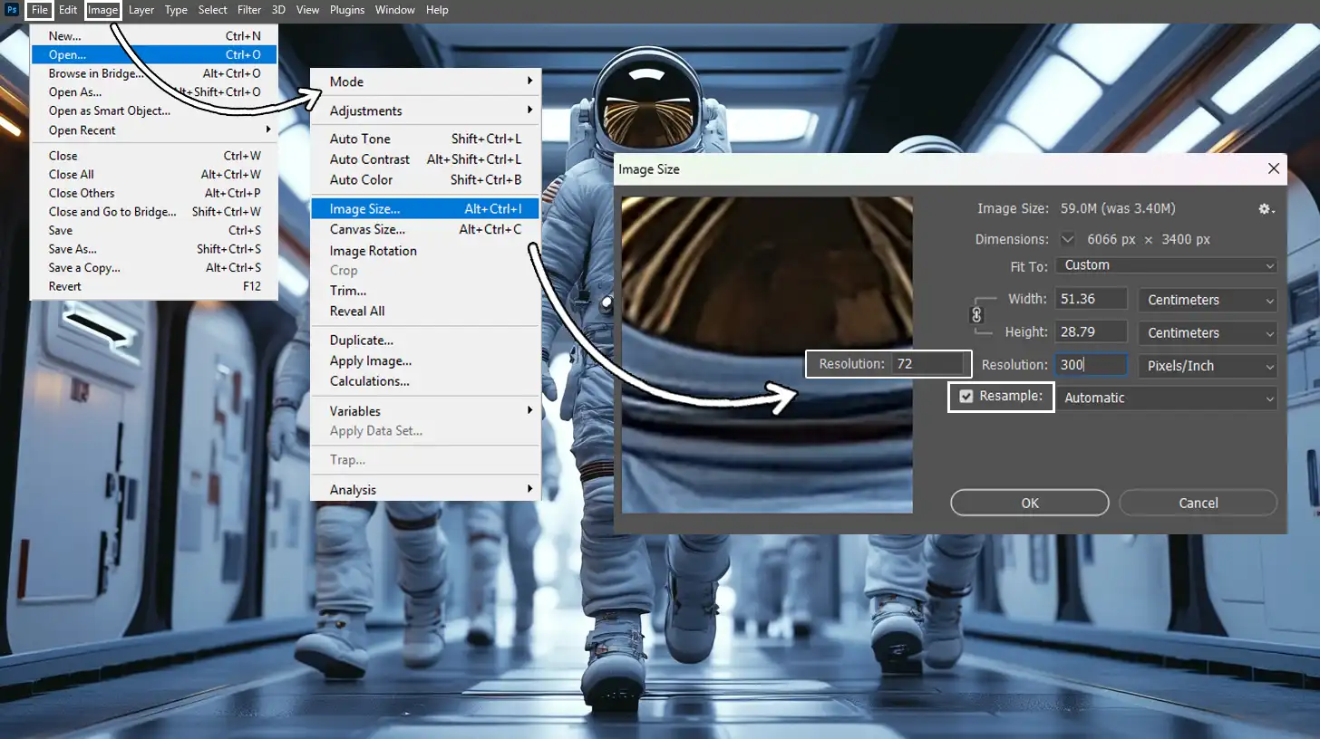 Image showing the steps to use the Image Size tool in Ps to adjust clarity and dimensions
