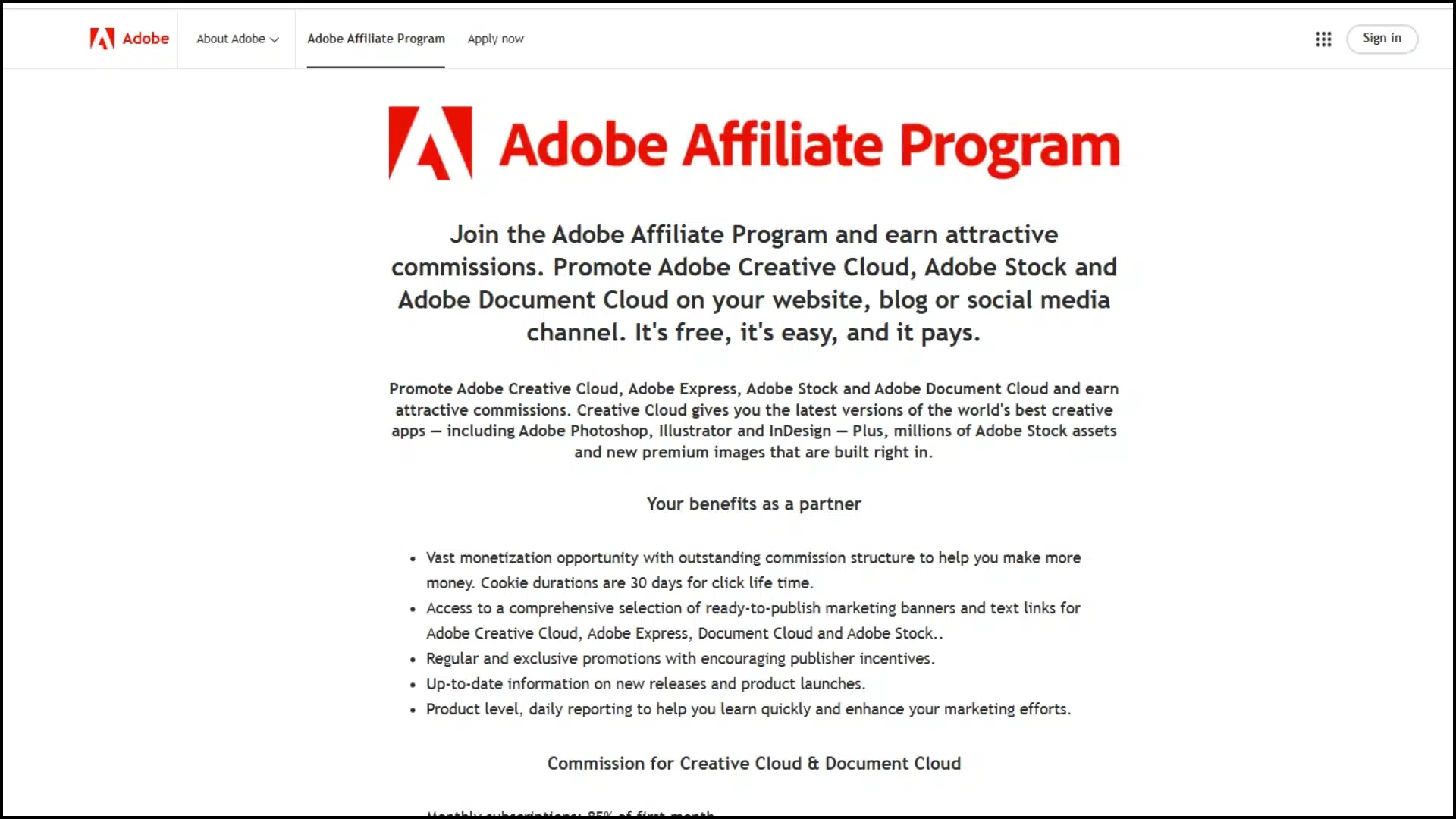 Screenshot of the Page for promoting Adobe services like Creative Cloud, Adobe Stock, and Document Cloud.