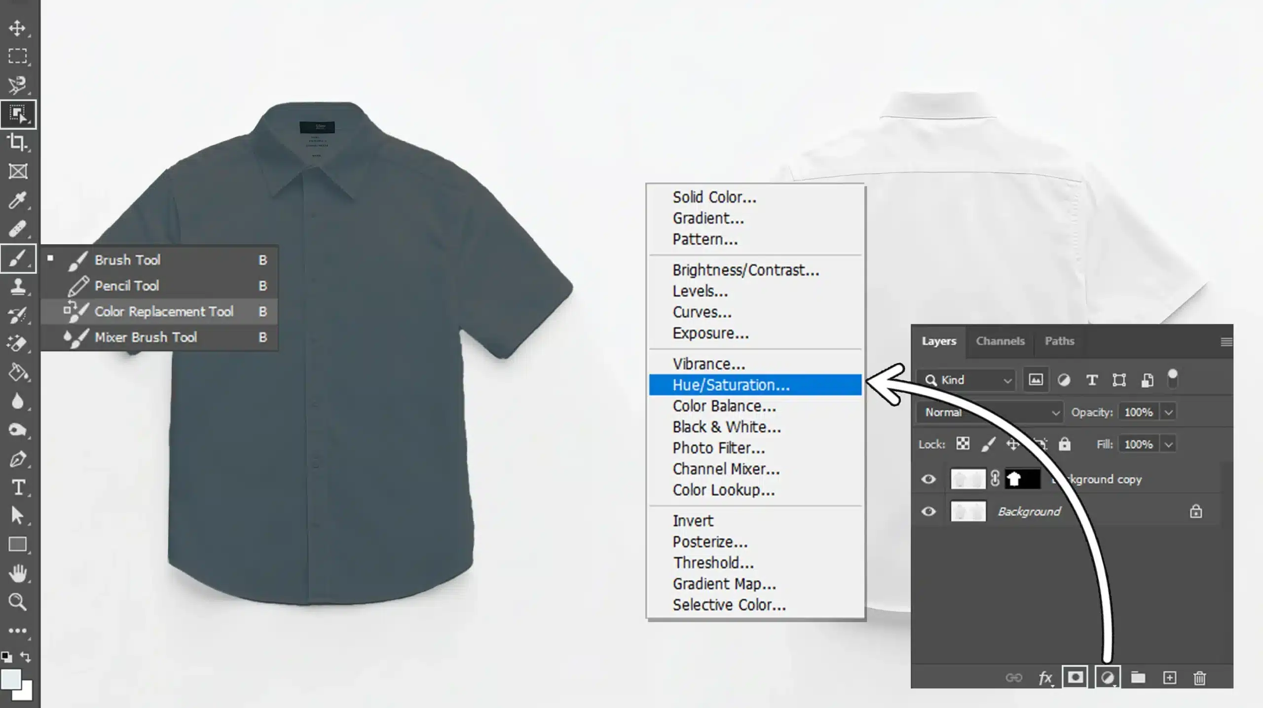 Layer mask applied to t-shirt hue adjustment in Ps