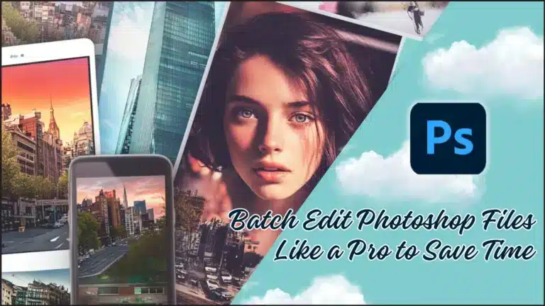 Graphic showing batch editing in Photoshop with images of cityscapes, a portrait, and the Photoshop logo.