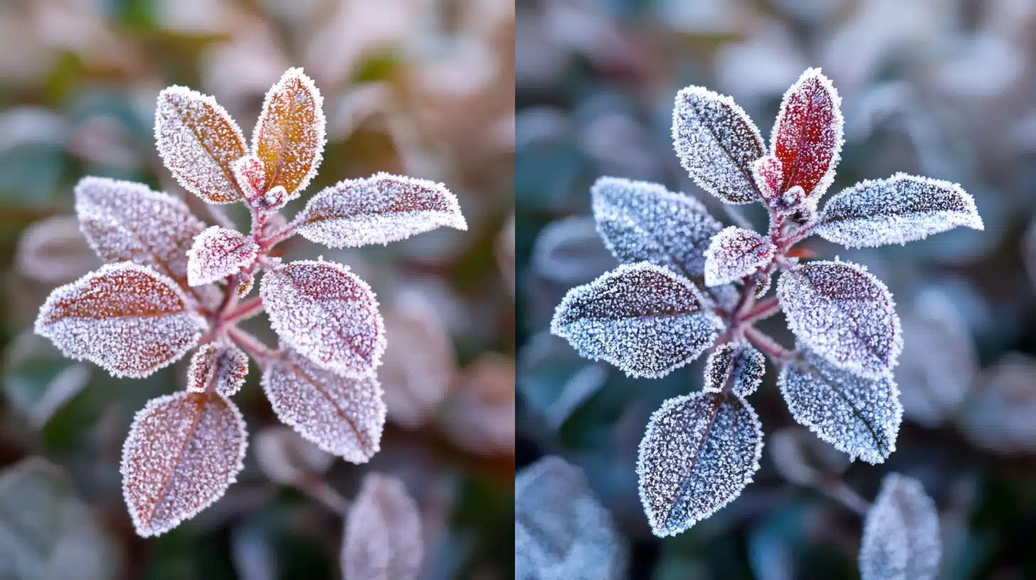 Side-by-side comparison of a frosty leaf image showing before and after exposure blending with Lightroom Enfuse.