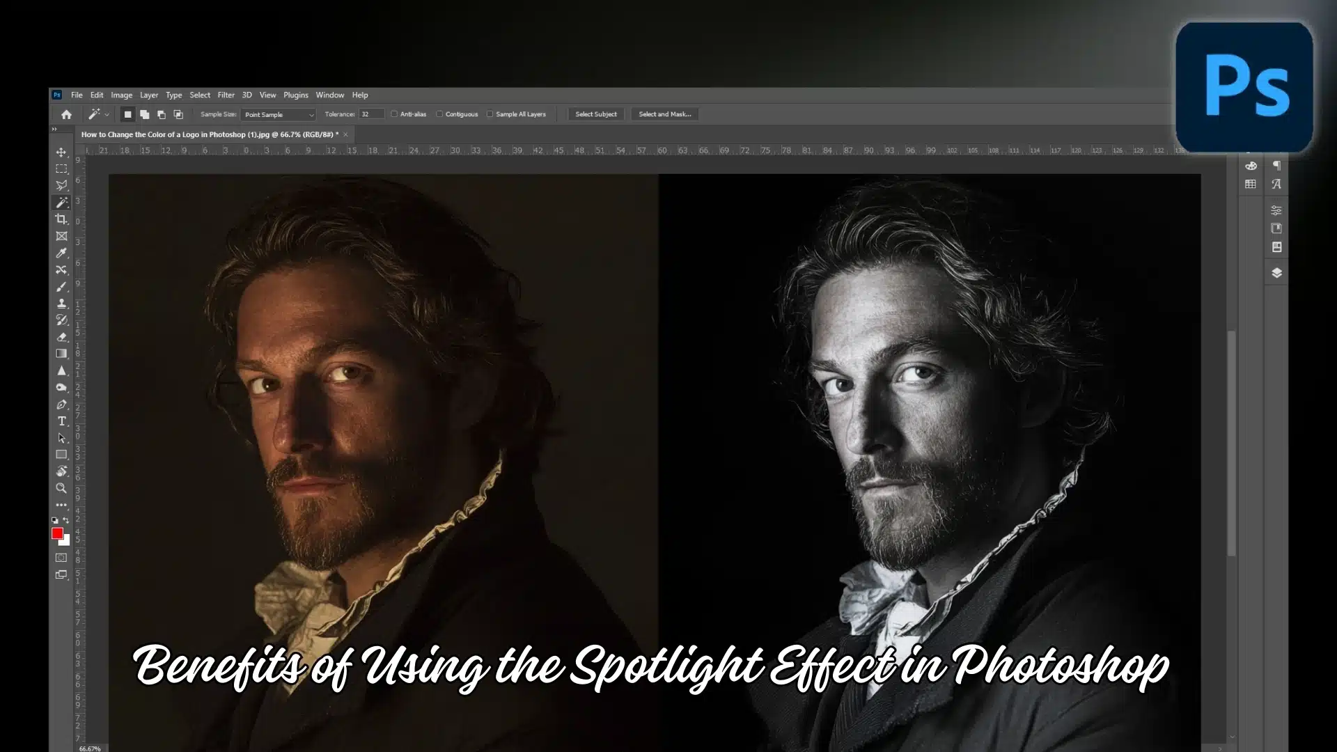 Side-by-side comparison of a photo edited with the spotlight effect in Photoshop, showing enhanced focus and dramatic lighting.