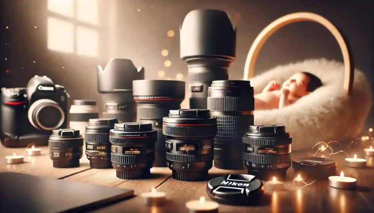 Professional Canon and Nikon lenses on a workspace, with a newborn setup blurred in the background, ideal for newborn photography