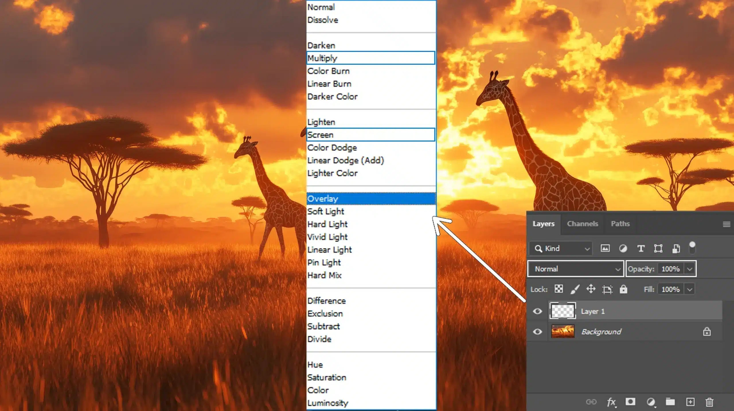 Blending modes in Ps, demonstrating how layers interact to create a seamless project