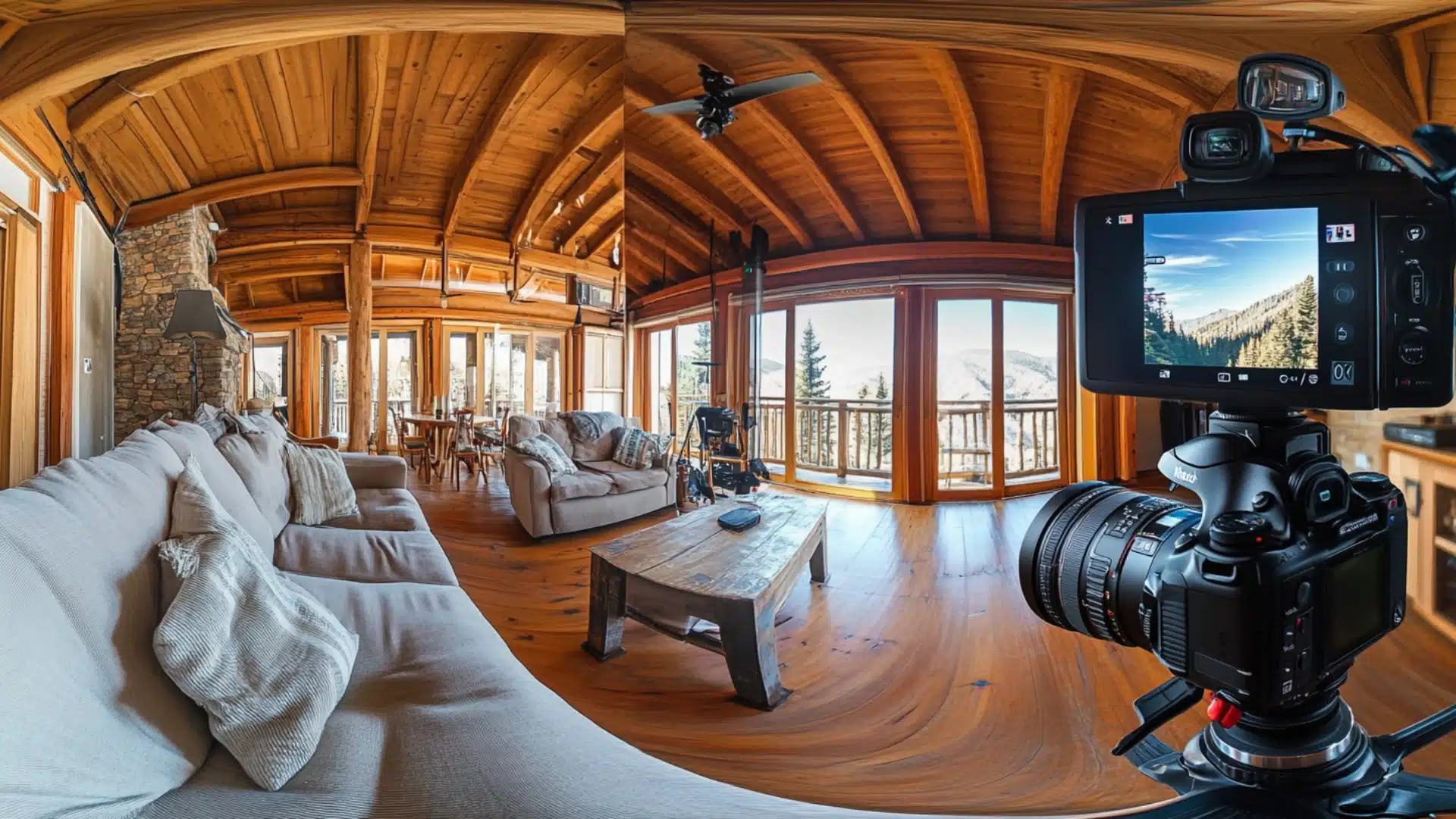 Camera setup for capturing a 360-degree panoramic view of a cozy, wooden interior with large windows.