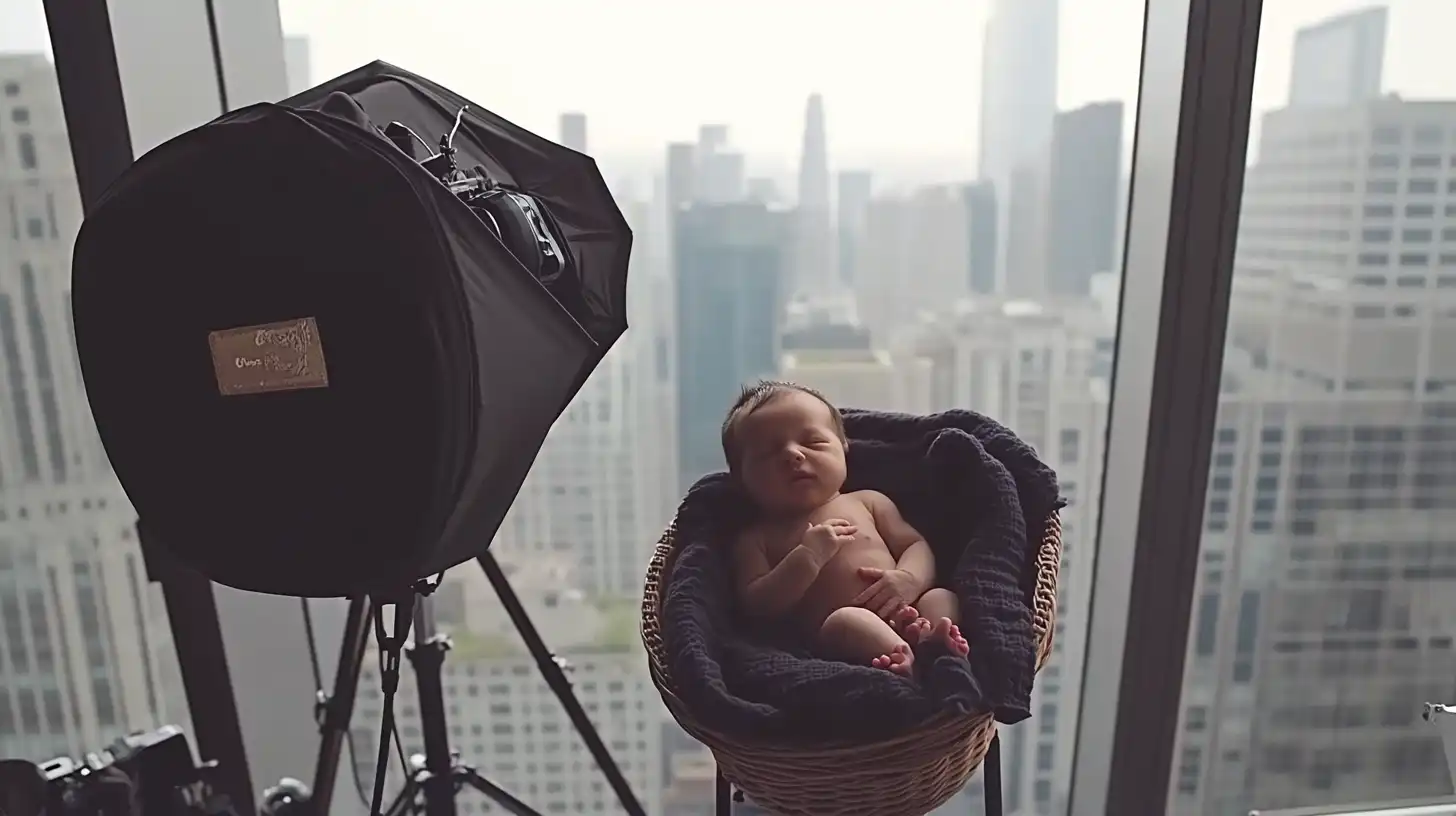 Newborn photography setup near a window with natural light