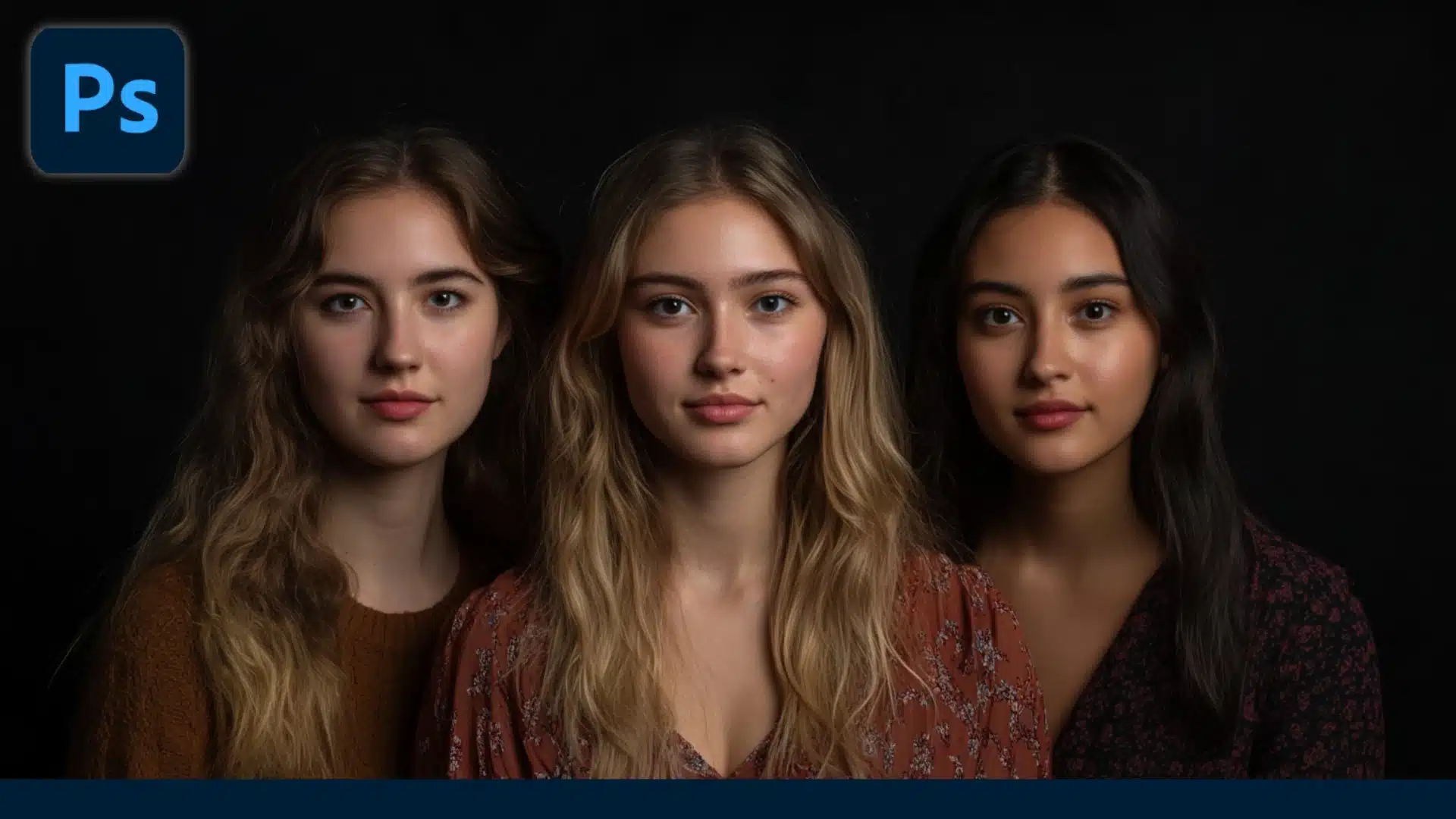 A professionally enhanced portrait of three women with natural lighting and smooth adjustments, achieved using Photoshop tools like adjustment layers and masks.