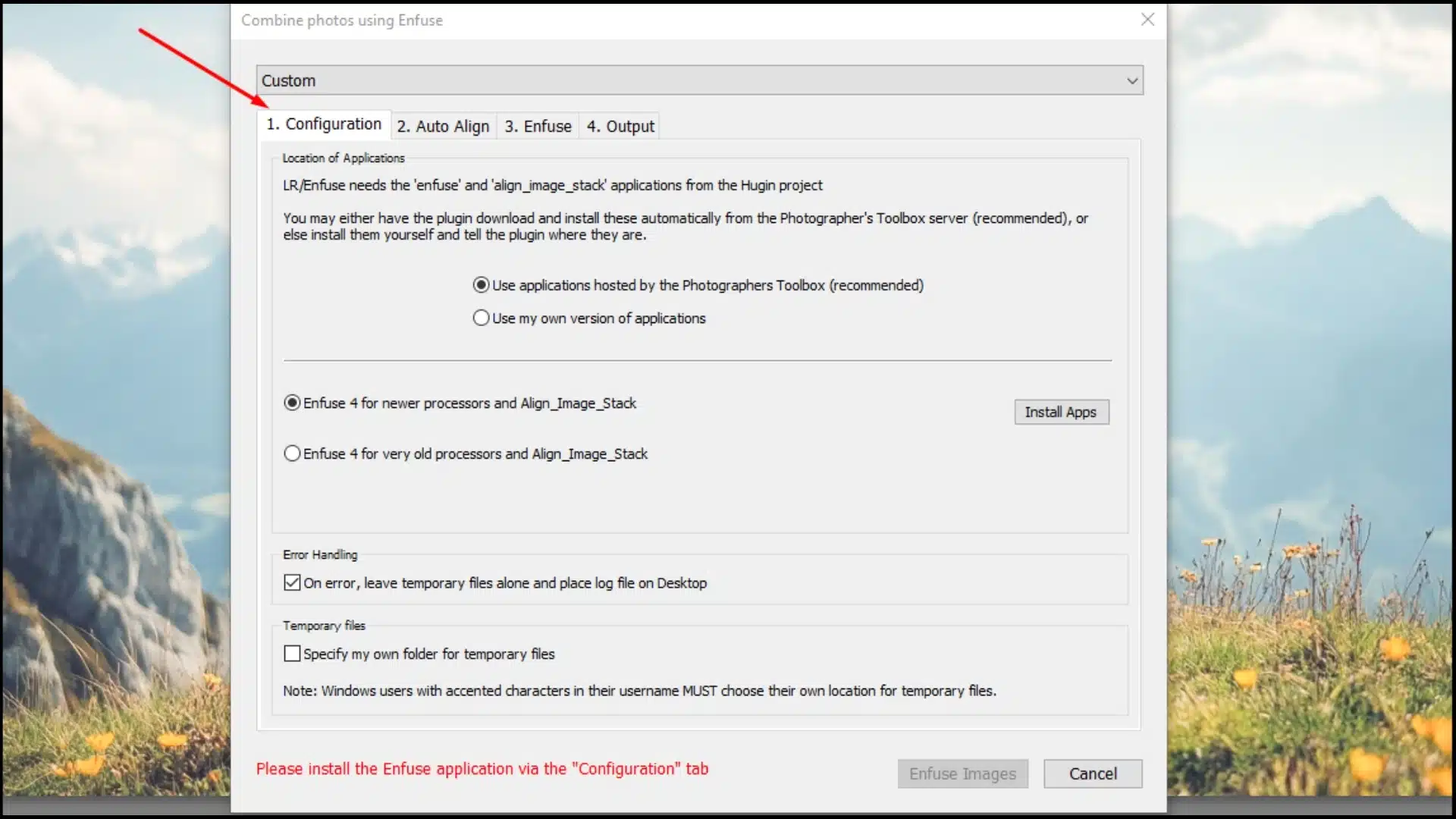 Screenshot of the Configuration tab with options for application setup, auto alignment, and error handling.