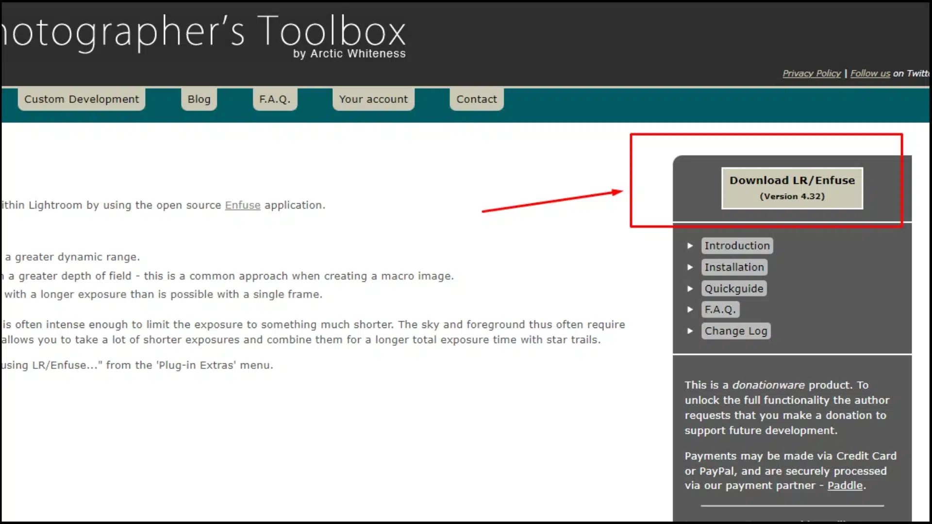 Screenshot of the Photographer’s Toolbox website showing the download button for LR Enfuse plugin.